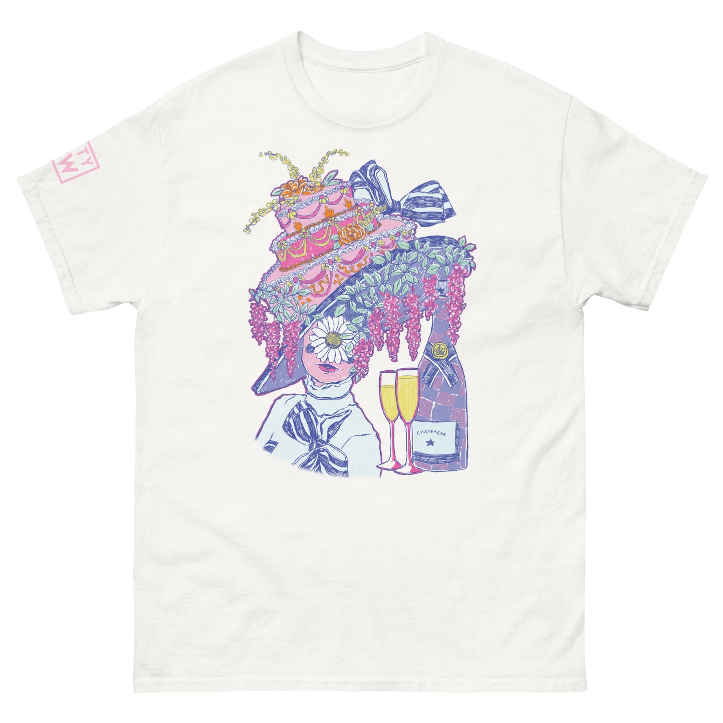 Discover the perfect blend of vintage charm and modern fun with our Audrey Hepburn Tee. This unique t-shirt showcases Audrey Hepburn in a fun, unexpected scene with cake and champagne, perfect for a day at the races. Exclusive to Nasty Cow, designed by Bay Jemima Illustration.