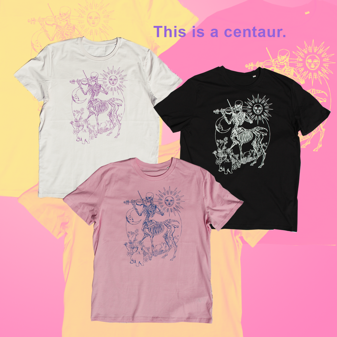 Skeleton playing violin. Sun and moon. Three graces as bunnies. T-shirt design. 3 Colour Ways