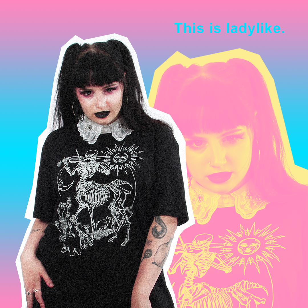 black/white t-shirt. Goth model