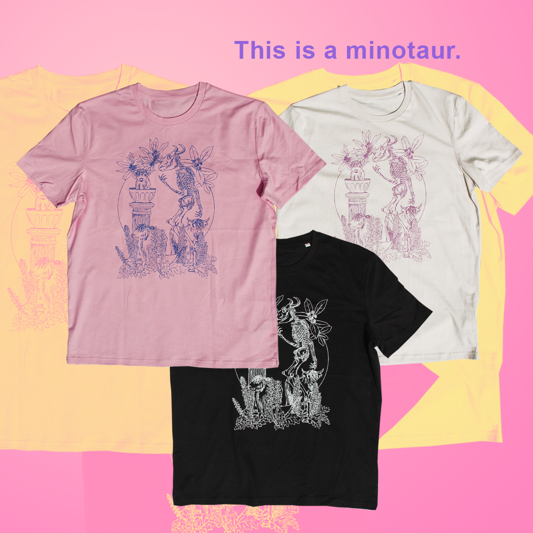 Minotaur skeleton T-shirt illustration. Calves as the three graces. Mythical. 3 colour ways