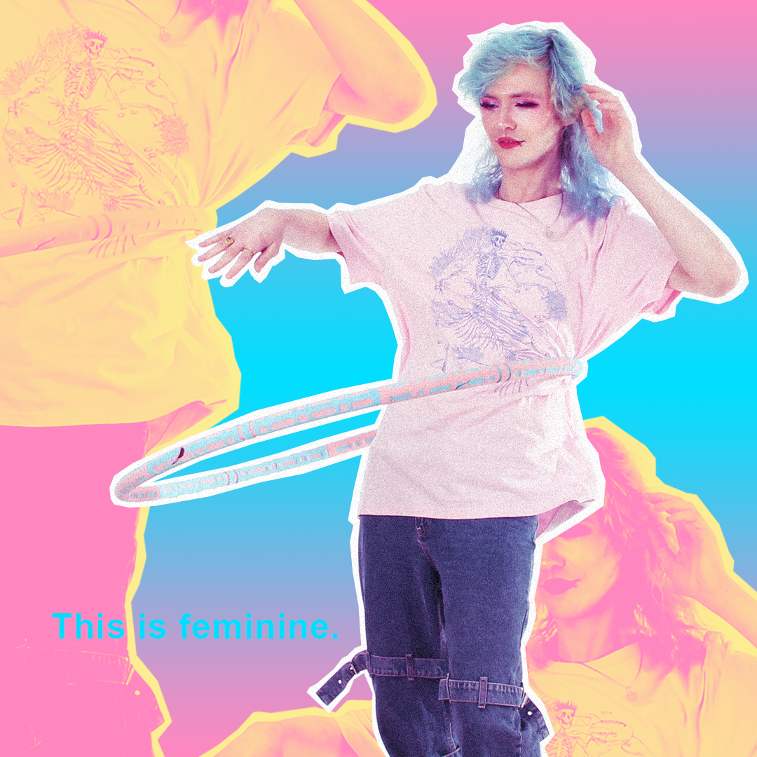 model with hula hoop pink and blue t-shirt