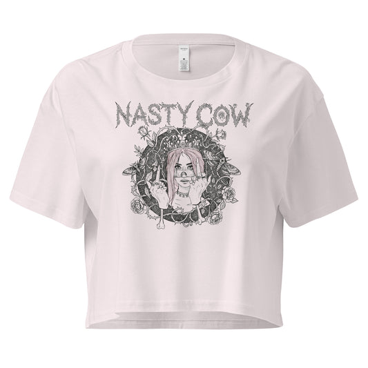 NASTY COW cropped graphic tee for women, punk-inspired design with thorny logo and bold attitude on pink
