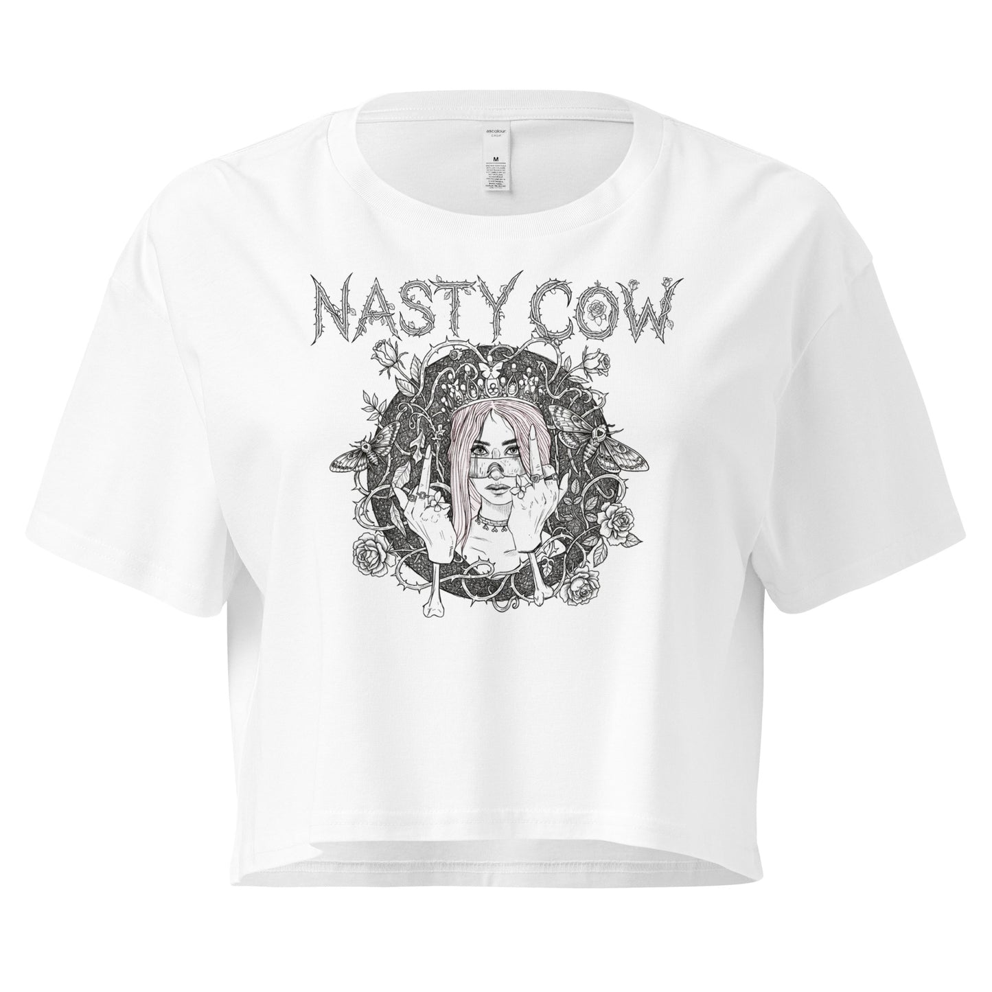 NASTY COW cropped graphic tee for women, punk-inspired design with thorny logo and bold attitude on white