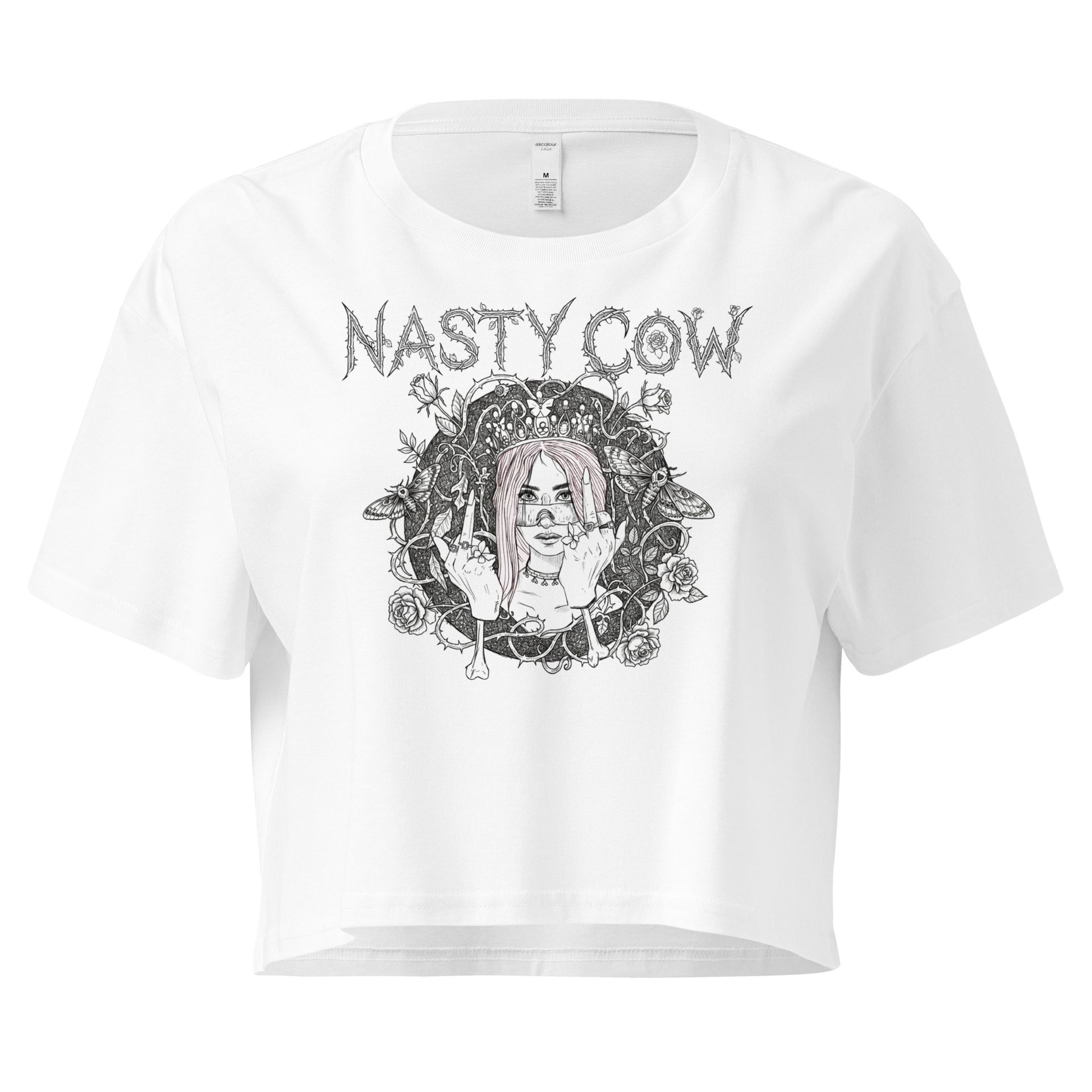 NASTY COW cropped graphic tee for women, punk-inspired design with thorny logo and bold attitude on white