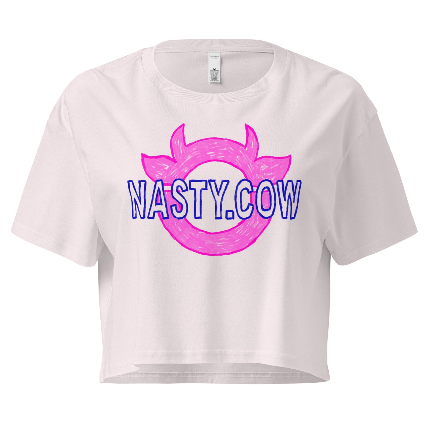 NASTY COW ENERGY women’s cropped graphic tee in pink, punk-inspired feminist statement shirt with bold logo on front