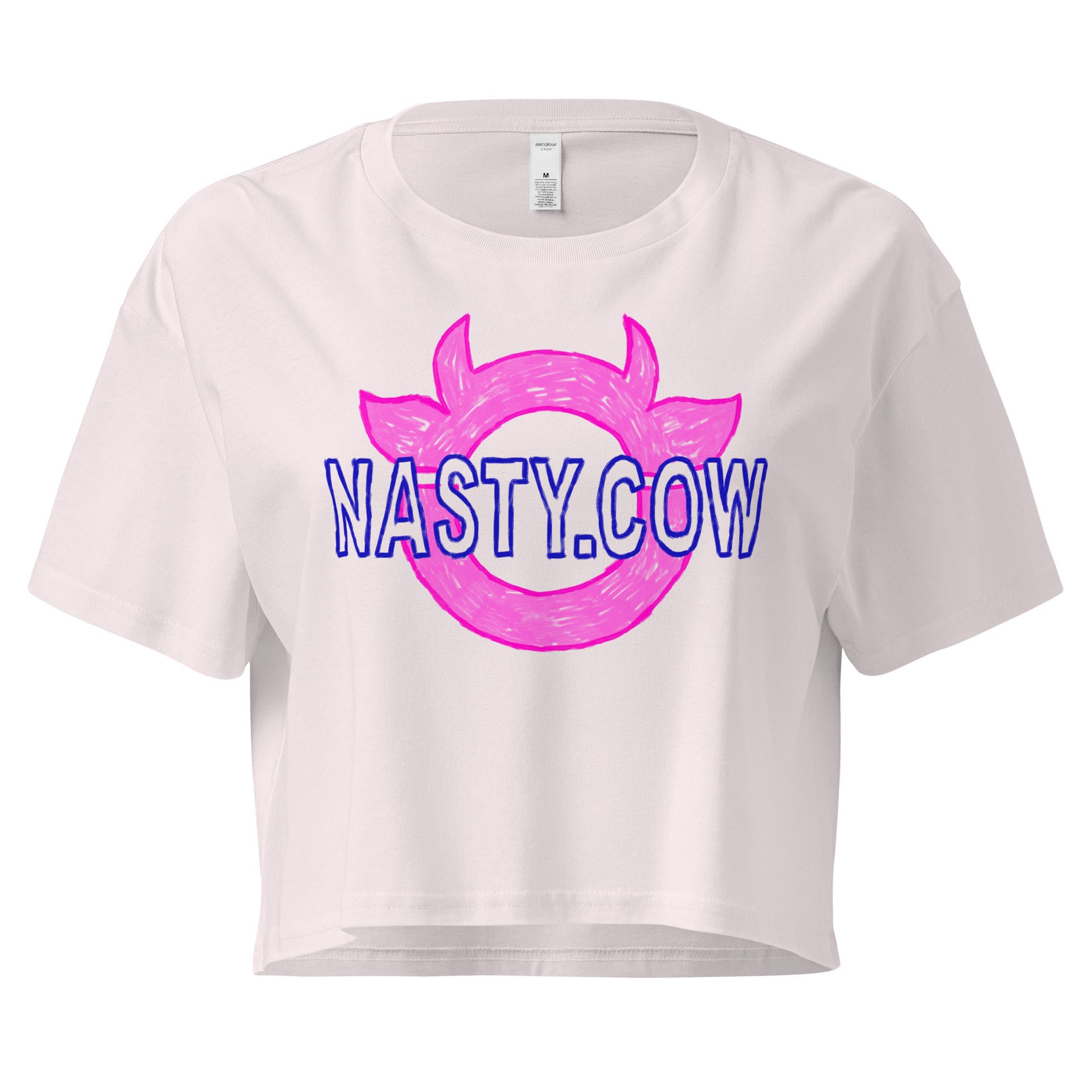 NASTY COW ENERGY women’s cropped graphic tee in pink, punk-inspired feminist statement shirt with bold logo on front