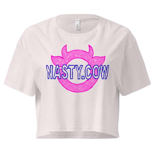NASTY COW ENERGY women’s cropped graphic tee in pink, punk-inspired feminist statement shirt with bold logo on front