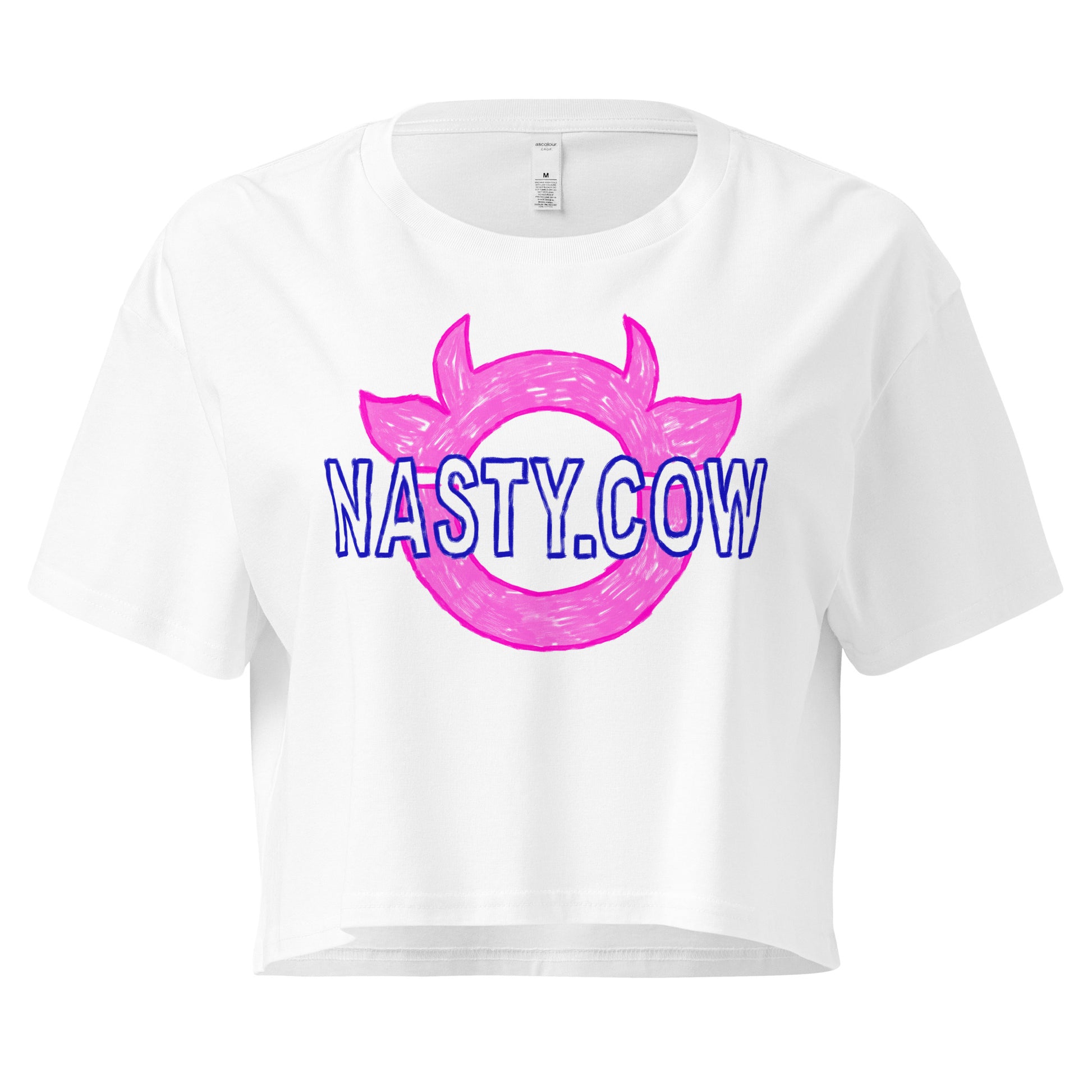 NASTY COW ENERGY women’s cropped graphic tee in white, punk-inspired feminist statement shirt with bold logo on front