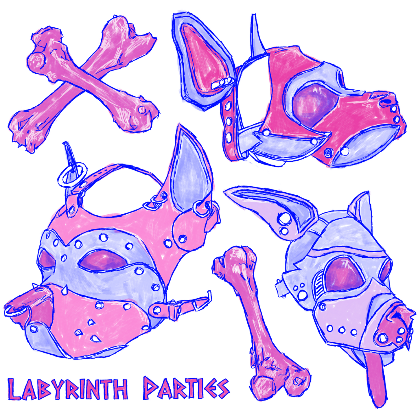 Cerberus Trio Design in pink / blue / white. Labyrinth Parties