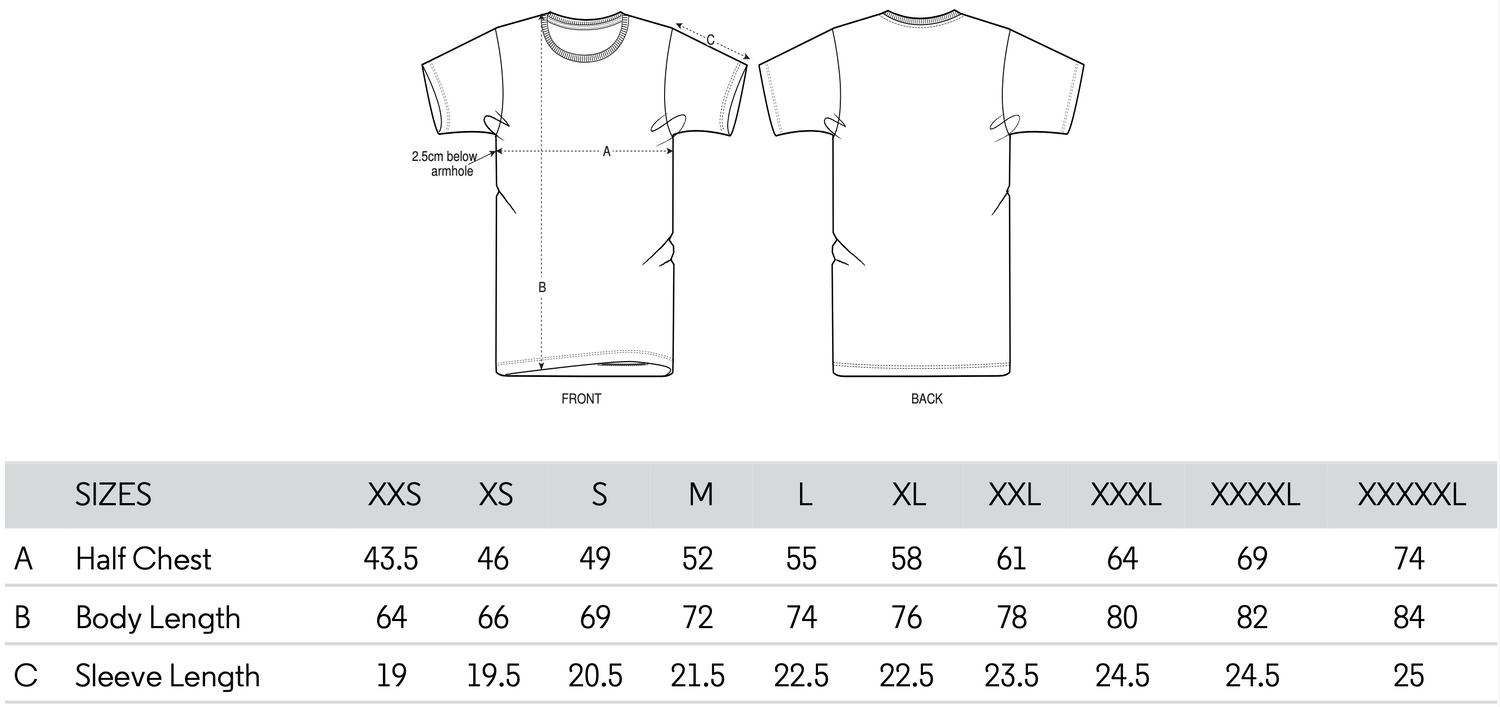 The Nasty Cow Size Guide T-shirts 