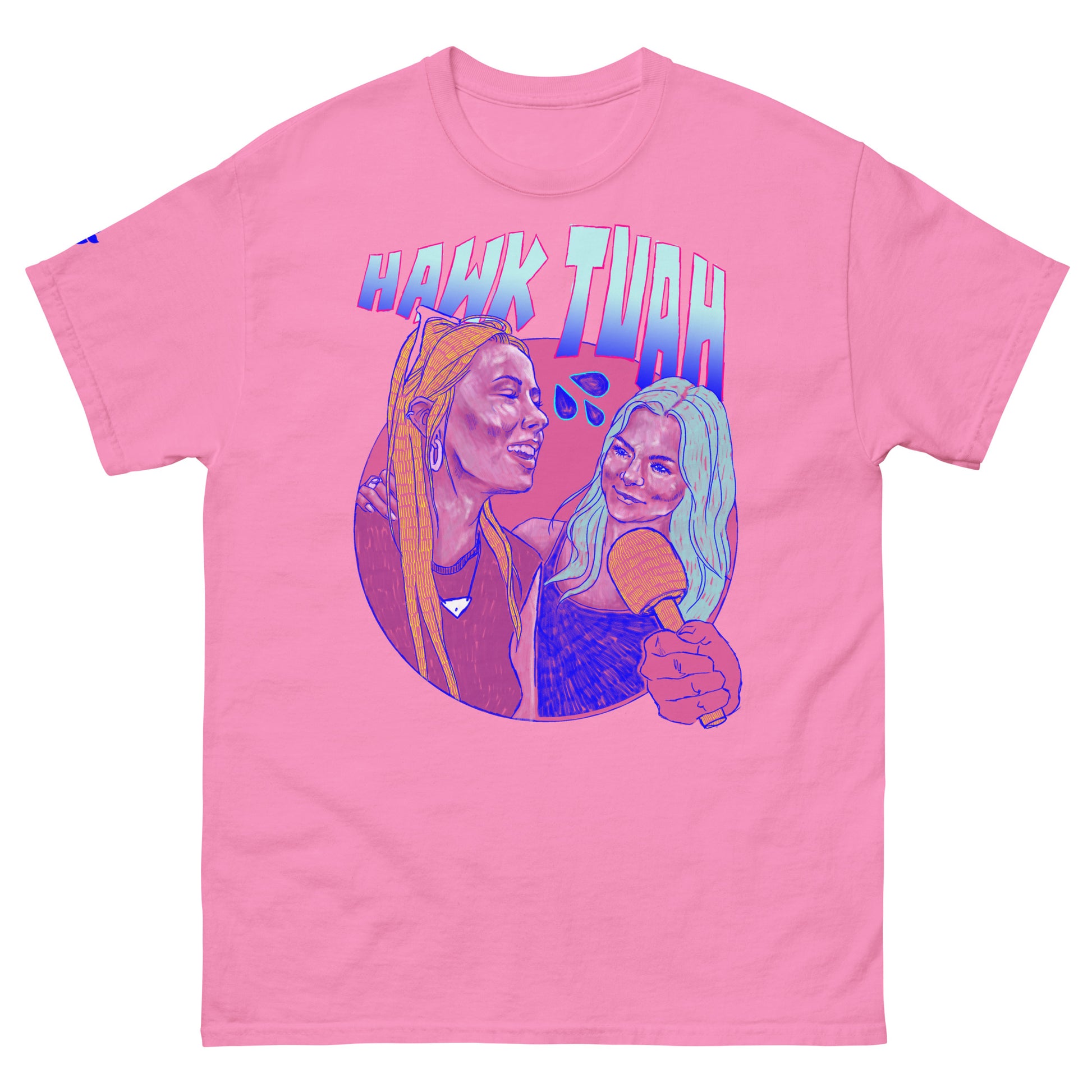 Hawk Tuah! Spit on that thang! A Nasty Cow illustration inspired by Hailey Welch on a pink Tee.