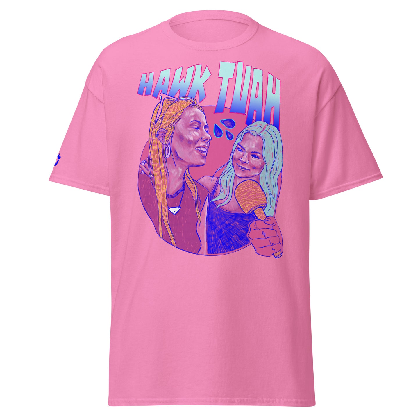 Hawk Tuah! Spit on that thang! A Nasty Cow illustration inspired by Hailey Welch on a pink Tee.