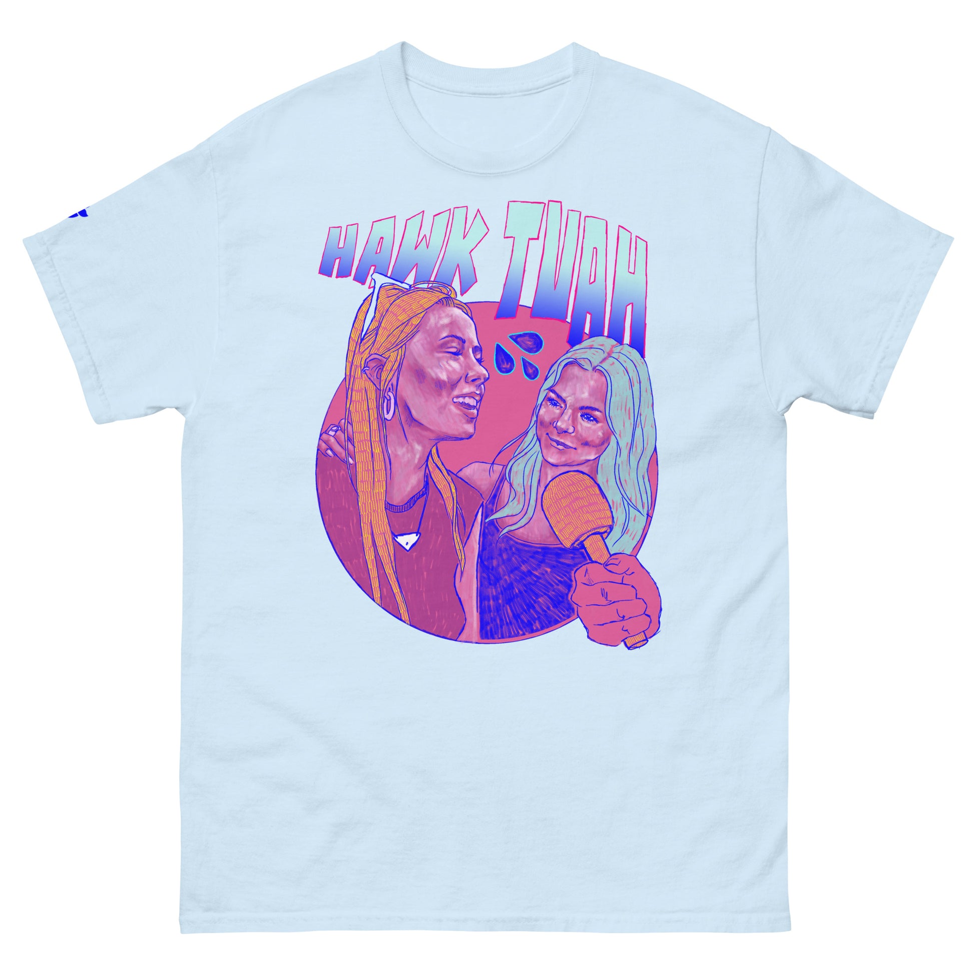 Hawk Tuah! Spit on that thang! A Nasty Cow illustration inspired by Hailey Welch on a blue Tee.