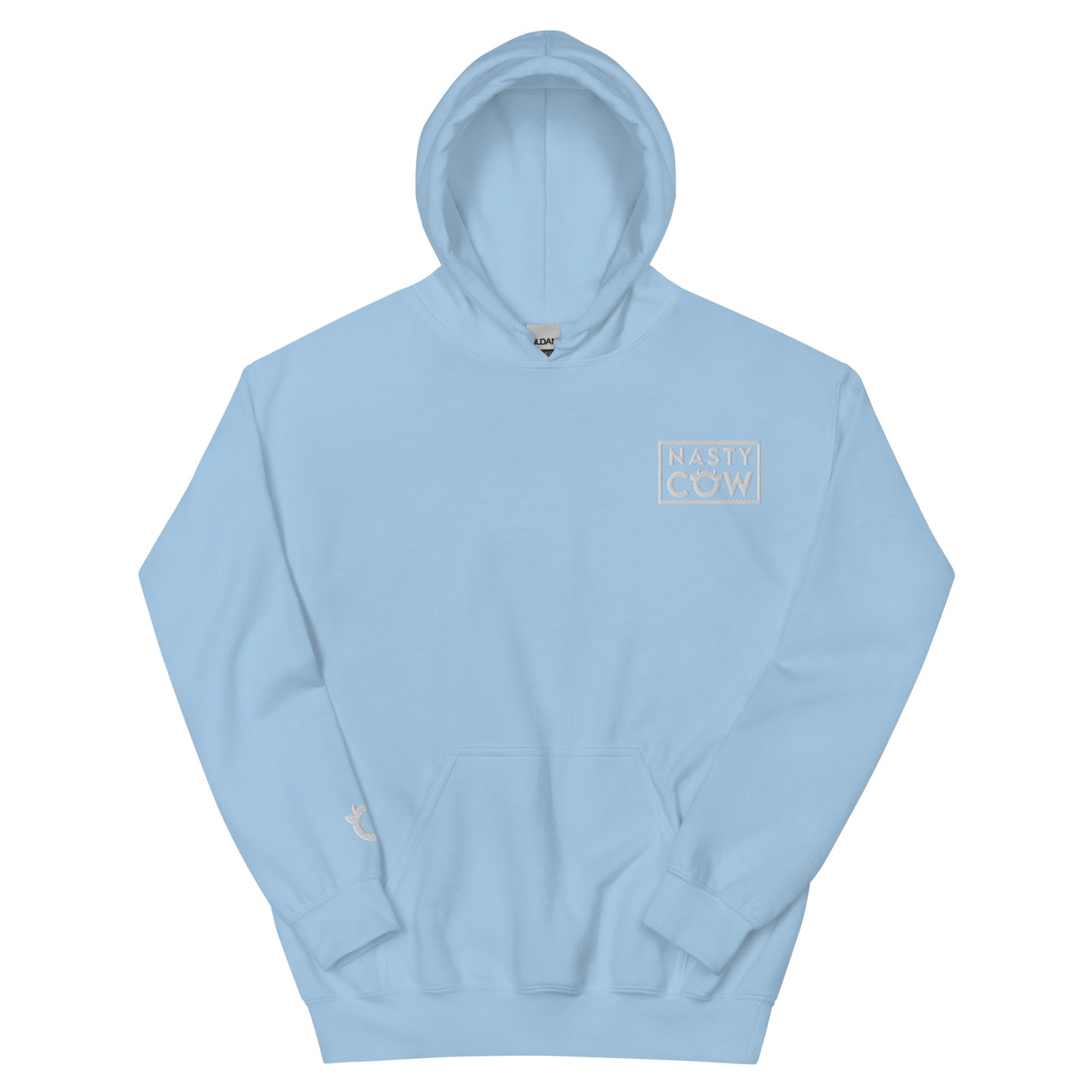 The original Nasty Cow hoodie with bright white embroidered logo of the left chest and right wrist. Cosy and cool.