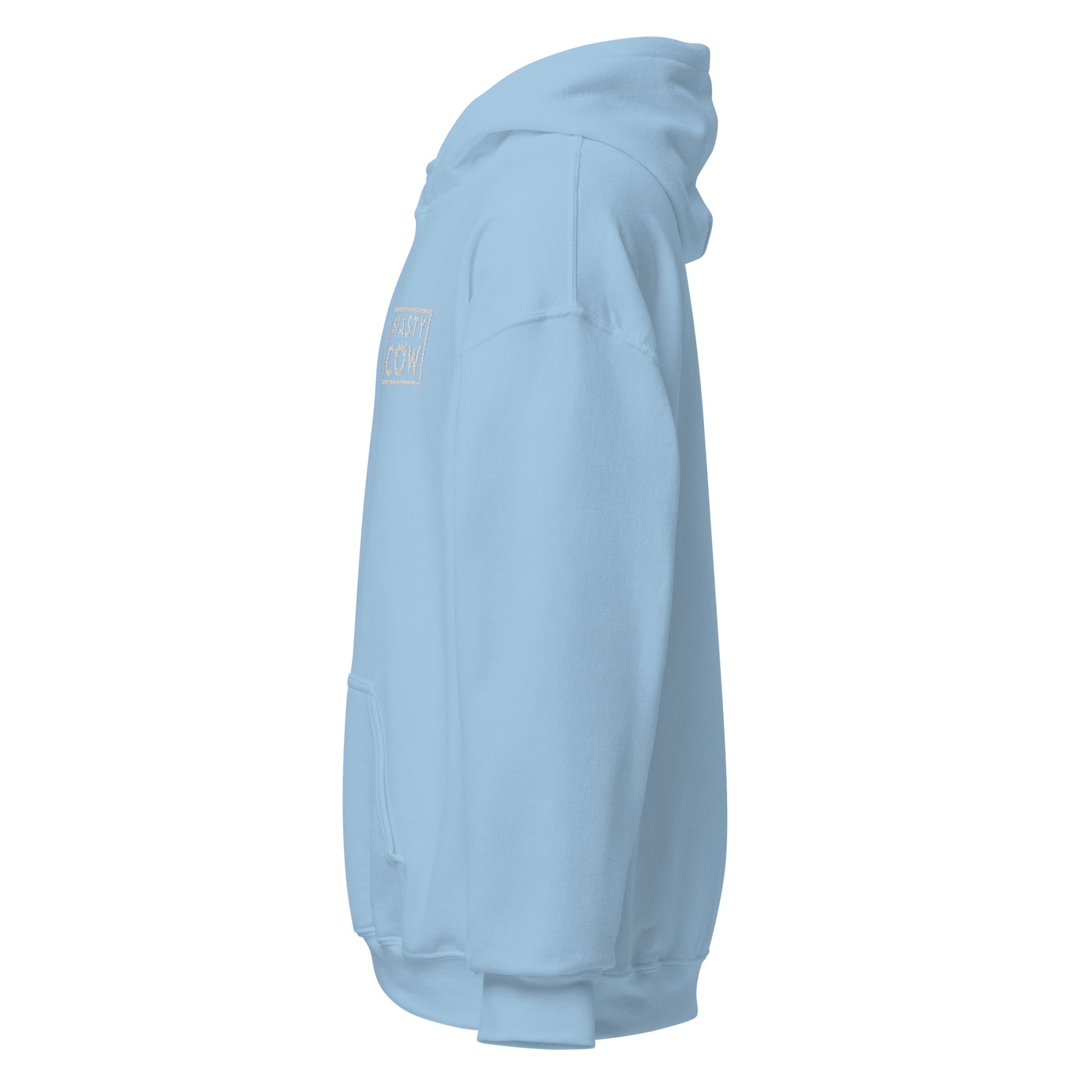 The original Nasty Cow hoodie with bright white embroidered logo of the left chest and right wrist. Cosy and cool.