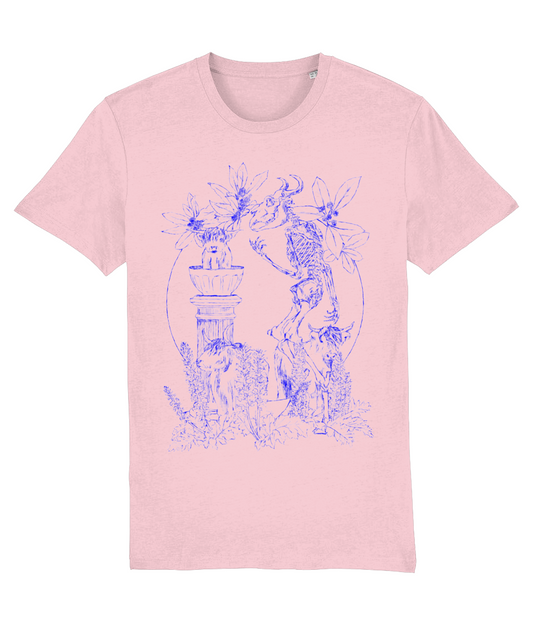 Minotaur skeleton T-shirt illustration. Calves as the three graces. Mythical. pink/blue