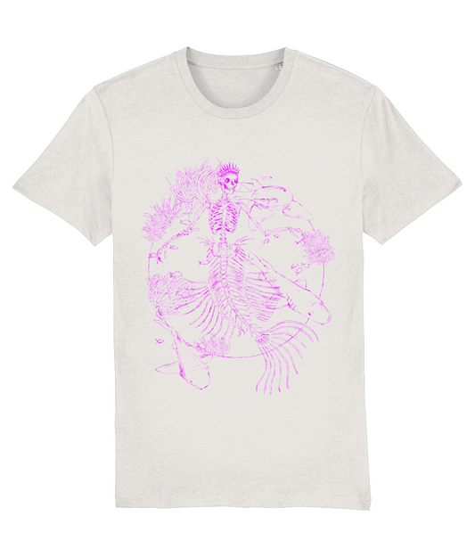 Mermaid T-shirt illustration. Sharks as the three graces. Mythical. white/purple