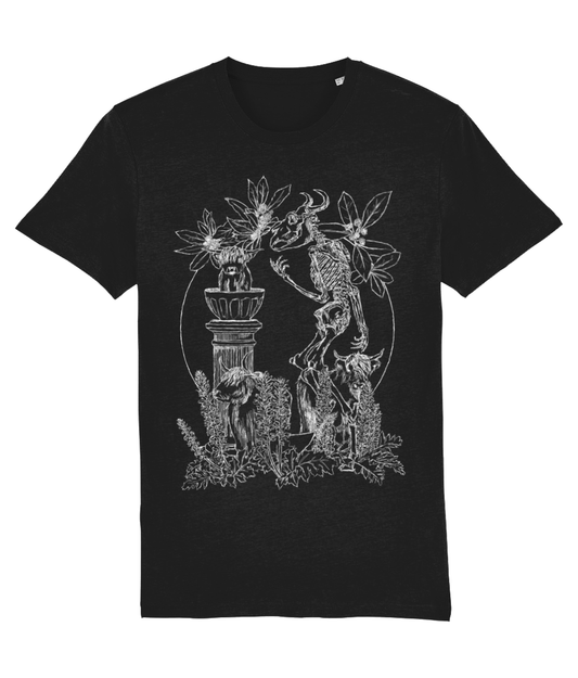 Minotaur skeleton T-shirt illustration. Calves as the three graces. Mythical. black/white