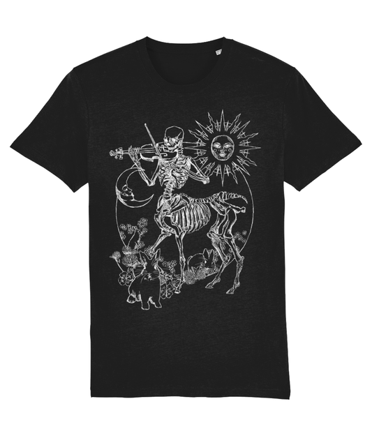 Skeleton playing violin. Sun and moon. Three graces as bunnies. T-shirt design.