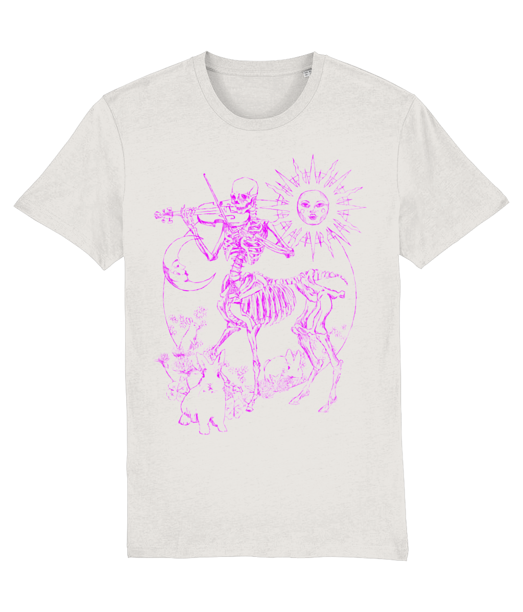 Skeleton playing violin. Sun and moon. Three graces as bunnies. T-shirt design. White/Purple.