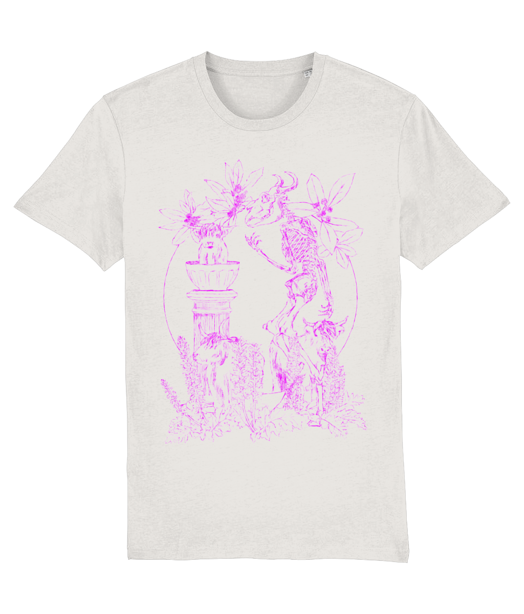 Minotaur skeleton T-shirt illustration. Calves as the three graces. Mythical. white/purple