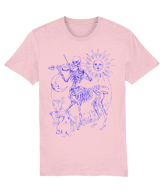 Skeleton playing violin. Sun and moon. Three graces as bunnies. T-shirt design.