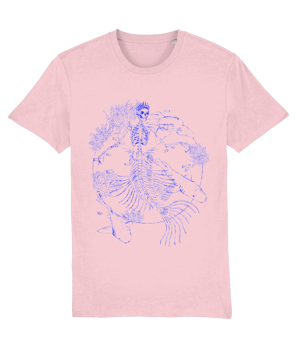 Mermaid T-shirt illustration. Sharks as the three graces. Mythical. pink/blue