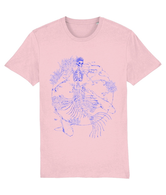 Mermaid T-shirt illustration. Sharks as the three graces. Mythical. pink/blue